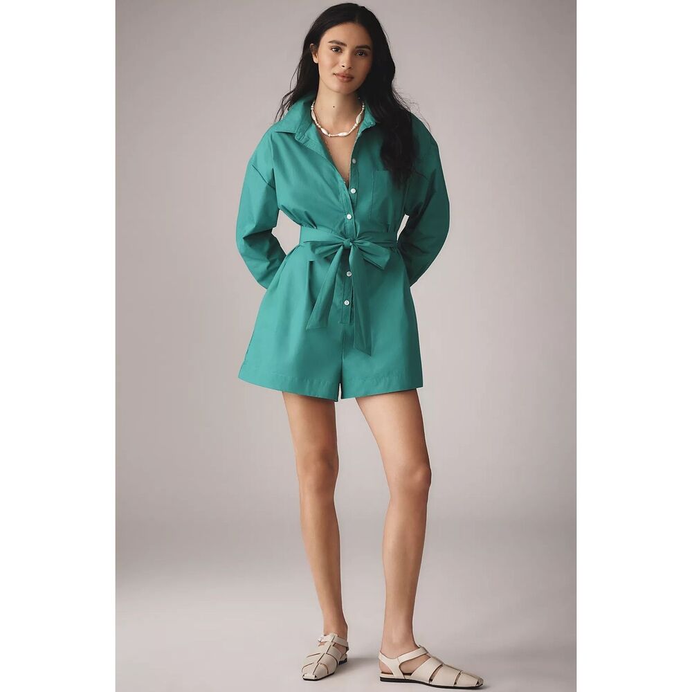 Maeve Anthropologie Bennet Buttondown Romper Green Size S